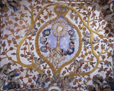 Laag standpunt van een muurschildering op de koepel van een kerk, Santo Domingo Kerk, Oaxaca, Oaxaca Staat, Mexico door Benjamin Baud