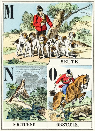 M N O: Meute, Nocturne, Obstacle - Het Jachtalfabet, ca. 1890 (gravure) door Unbekannt