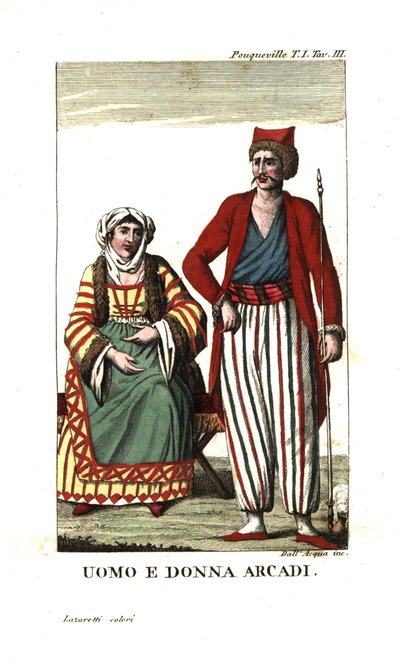 Man en vrouw van Arcadië, de Peloponnesos, Griekenland. Illustratie uit Francois Pouqueville