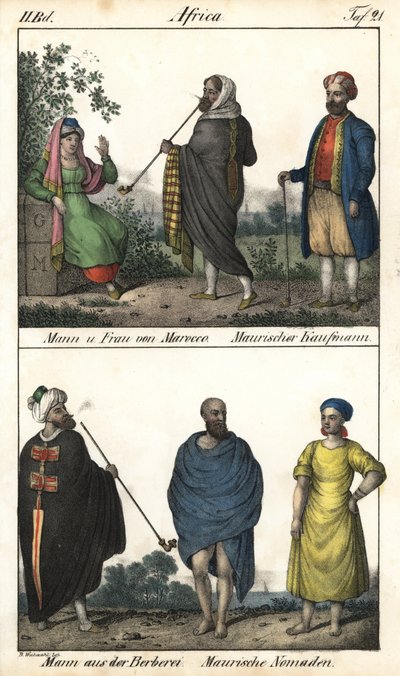 Man en vrouw uit Marokko, een Moorse koopman, boven, en een paar Marokkanen, een Moorse koopman en hieronder, een Berberman in een jas en een paar Moorse nomaden. Lithografie voor het boek: “Galerie complete en tableaux fideles des peuples d