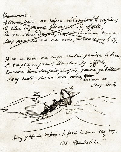 Manuscript van Charles Baudelaire, geïllustreerd met een tekening van een boot door Unbekannter Künstler