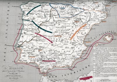 Kaart van Spanje ten tijde van Germaans Hispania, 409-585 (Kaart van Spanje ten tijde van Germaans Hispania) Gravure uit "Atlas Universel" door Houze door Unbekannter Künstler