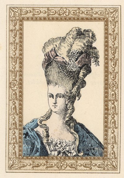 Marie Antoinette, vrouw van koning Lodewijk XVI van Frankrijk, in een uitgebreid kapsel gekroond met linten en parels door Unbekannter Künstler