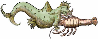 Mariene draak en gigantische kreeft, xylografie uit 