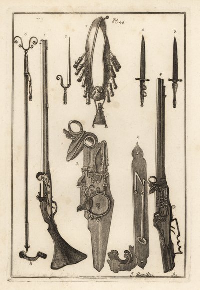 Lontslot musket, slot en bajonet van de Tower of London 1-3, bajonet 4, musketrust en bajonet 5, musketrust 6, bandeliers en poederfles 7, radslot 8,9, en sleutel 10 door Unbekannt
