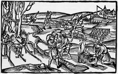Middeleeuws landelijk leven uit 16e-eeuwse gravure, gepubliceerd in 1931 door Unbekannter Künstler