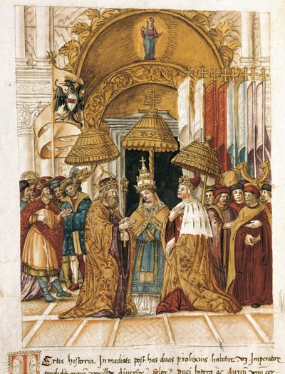 Ontmoeting tussen Frederik Barbarossa en paus Alexander III in het Dogepaleis in Venetië in 1177 door Unbekannter Künstler