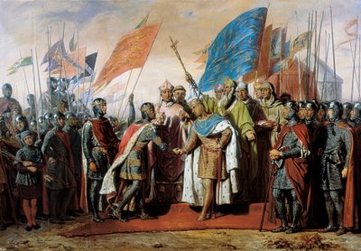 Ontmoeting tussen Filips II, koning van Frankrijk, en Hendrik II, koning van Engeland, te Gisors op 21 januari 1188 door Unbekannt