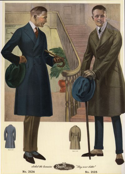 Mannenmode 1920 - Mannen in dubbelrijige jassen met wandelstokken en hoeden, dragend spats door Unbekannter Künstler