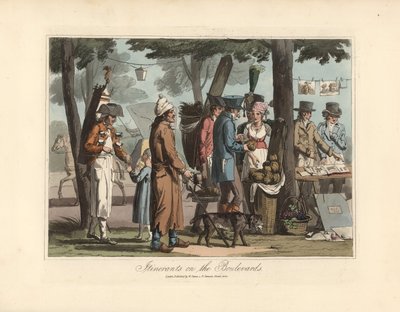 Rondreizende kooplieden op de boulevards, een verkoper van kruidenthee met zijn vat op zijn rug, een blinde man met zijn hond, een drager en een verkoper van prenten - Ets naar een illustratie van Victor Auver, uit 