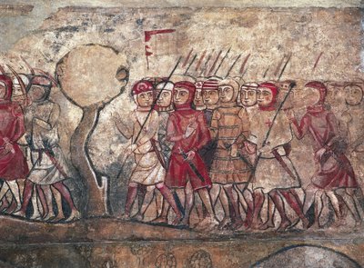 Militaire vergadering voorgezeten door koning James I van Aragon, bekend als de Veroveraar, fresco van het Palau Reial Major, Barcelona door Unbekannter Künstler