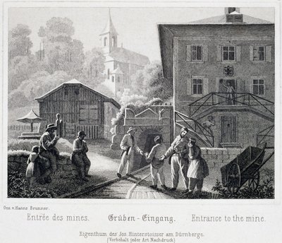 Zoutmijn: de ingang van de mijn, in Durrnberg, Oostenrijk, rond 1850 door Unbekannt