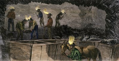 Mijnwerkers die de mijn graven en de kolen in kleine wagens laden die door muilezels worden aangedreven in Pennsylvania. Gekleurde gravure uit 1860 door Unbekannter Künstler