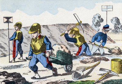 Minderjarigen. Gravure in "Alphabet militaire enfantin". Beeldmateriaal van Pont-a-Mousson, circa 1890. door Unbekannt
