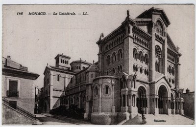 Monaco: buitenaanzicht van de Kathedraal Notre Dame Immaculee (Notre-Dame-Immaculee) - Ansichtkaart eind 19e-20e eeuw door William M. Timlin