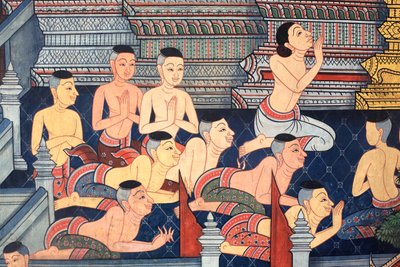 Monniken. Muurschildering detail op de binnenmuren van de Vihara uit het tijdperk van koning Rama III die de Ramakian uitbeeldt. Wat Pho - Wat Phra Chettuphon. 1788. Bangkok. Thailand door Unbekannt