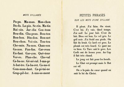 Woorden, lettergrepen en korte zinnen over woorden van één lettergreep - Gravure uit ABCD des petites filles, Pellerin & Cie, Epinal, circa 1890 door Unbekannt