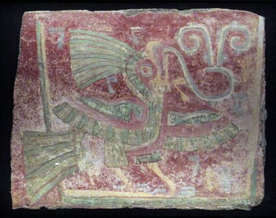 Muurschildering van een quetzal met zingende virgula, Vroege Klassieke periode door Unbekannt