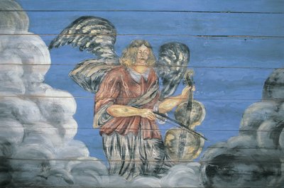 Muurschildering geschilderd op een houten muur, Etnografisch Openluchtmuseum, Riga, Letland door Benjamin Baud