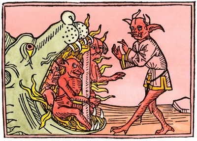 Mythen en legendes: Drakenmond in de hel brandende demonen. Kleurengraving uit een editie van Augsburg door Unbekannter Künstler
