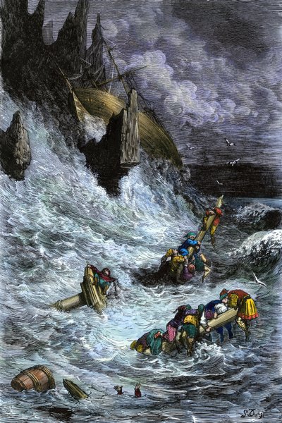 Mythen en legendes: Sinbad en zijn metgezellen na de 1001 nachten. Kleurgravure door Gustave Doré. door Unbekannter Künstler