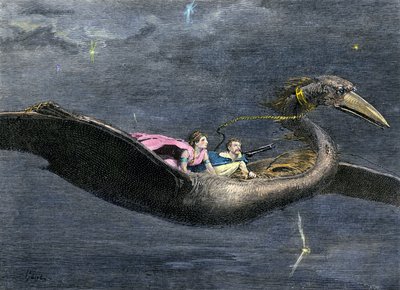Mythen en legendes: De Rokh of Roc (reusachtige vogel uit de Arabisch-Perzische mythologie. Het komt voor in passages van Duizend-en-een-nacht). Kleurgravure uit de 19e eeuw door Unbekannter Künstler