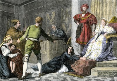 Mythen en legendes: de dochter van een Jood beschuldigd van hekserij in de Middeleeuwen. Kleurengraving uit de 19e eeuw. door Unbekannter Künstler