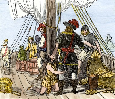 Inheemse bevolking van Amerika: Indianen. Pocahontas gevangen aan boord van een schip uit Jamestown. Kleurgravure uit de 19e eeuw. door Unbekannter Künstler