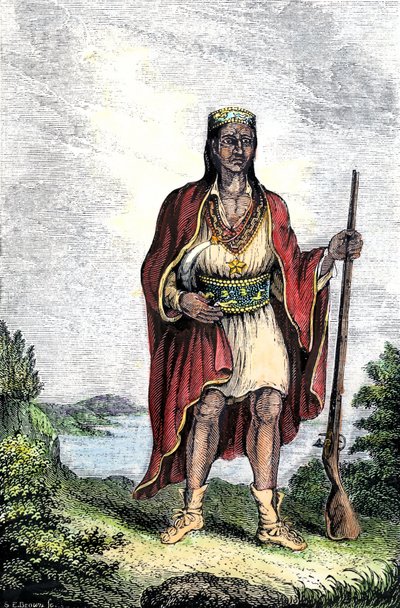 Inheemse bevolking van Amerika: Indianen van de Verenigde Staten. Metacomet (ca. 1639-1676), ook bekend als King Philip of Metacom, hoofd van de Wampanoag (Massachusetts, New England). Kleurengraving. door Unbekannter Künstler