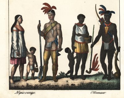 Inheems in Canada: een familie van Indianen van Lake Nipissing en een familie van Indianen uit het Ottawa-gebied. Lithografie voor het boek: “Galerie complete en tableaux fideles des peuples d