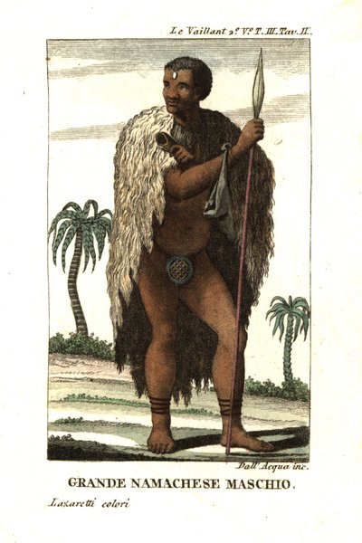 Edele Namaqua man van Zuid-Afrika. Hij draagt een bontcape en lendendoek, en houdt een speer. Uit Francois Le Vaillant (Levaillant door Unbekannter Künstler
