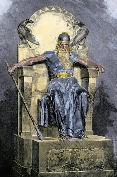 Noordse mythologie: voorstelling van de godheid Wotan (Odin). Kleurengraving uit de 19e eeuw. door Unbekannter Künstler