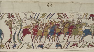 Normandische soldaten verlaten Hastings om te vechten met Harold, Bayeux Tapestry (wol borduurwerk op linnen) door Unbekannt