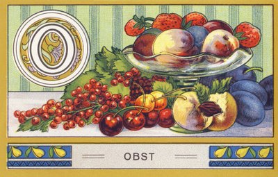 O: Fruit - Alphabet Palmin. Serie chromolithografieën uitgegeven door H. Schlinck & Cie, Hamburg. Reclame voor Palmin fijnste kokosvet. Afmetingen: 7 x 11 cm door William M. Timlin