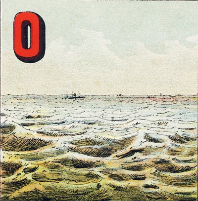 O - Oceaan. Onmetelijke watermassa die de aarde omringt. Het water van de oceaan is zout; de mens kan het niet drinken - Gravure uit Alphabet geographique, Guerin-Muller et Cie, Parijs door Unbekannt