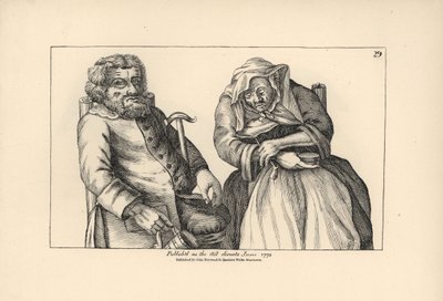 Oude Darby met lege bierpul en Joan met haar tabakspijp. Gravure naar een satirische illustratie van Timothy Bobbin (John Collier) uit Human Passions Delineated, John Haywood, Manchester door Unbekannter Künstler