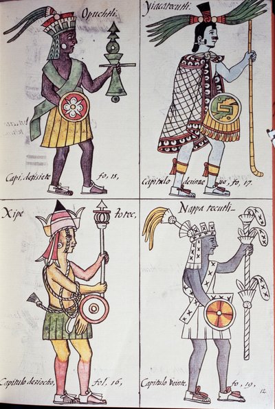 Opochtli, Xipe Totec, Yacatecuhtli en Nappatecutli, pagina uit Florentijnse Codex, versie in Spaans en Nahuatl, Algemene Geschiedenis van de Dingen van Nieuw-Spanje (Historia general de las cosas de Nueva Espana), Azteeks door Benjamin Baud