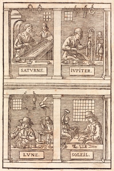 Edelsmeedkunst en alchemistische symbolen: Saturnus en lood, Jupiter en tin, de Maan en zilver, de Zon en goud door Unbekannt