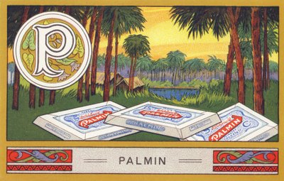 P: Palmin - Alphabet Palmin. Serie chromolithografieën uitgegeven door H. Schlinck & Cie, Hamburg. Reclame voor Palmin fijnste kokosvet. Afmetingen: 7 x 11 cm door William M. Timlin