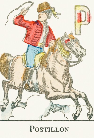 P : Postiljon, een jonge ruiter in Kozakkenkostuum - Gravure uit "Alphabet des jeux", circa 1890 door Unbekannt