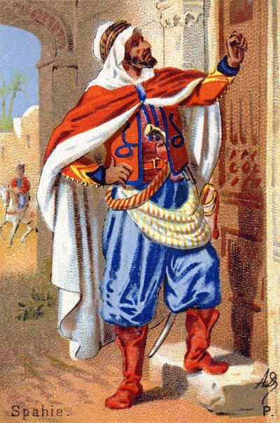 P: Spahis. Gravure in "Militair Alfabet". Initialen van de illustrator: A. D. Onbekende uitgever. Chromolithografieën eind 19e eeuw. Dim: 10,5x7cm door Unbekannt