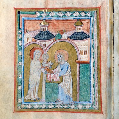 Pagina van een codex met de Presentatie in de Tempel, Schatkamer van de Kathedraal van Vercelli door Unbekannt