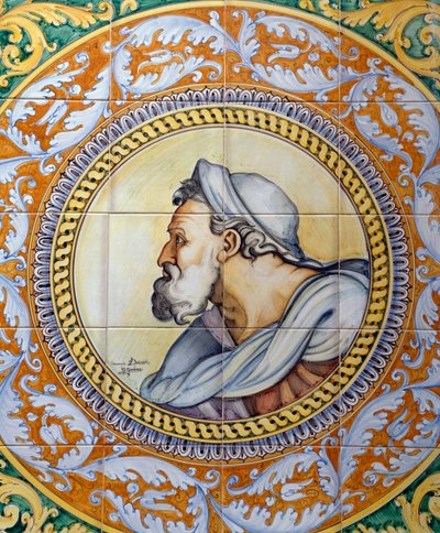 Beschilderd maiolica-paneel met het hoofd van een oude man in de stijl van Michelangelo, gemaakt door Ceramiche Desuir, Santo Stefano di Camastra, Sicilië, Italië, (detail) door William M. Timlin