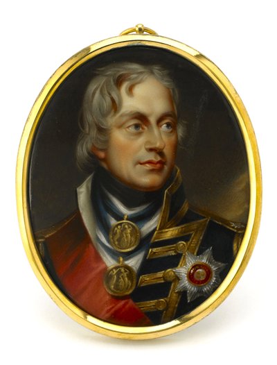 Geschilderde miniatuur, die vice-admiraal Horatio Nelson voorstelt. Gemonteerd op een koperen en emaille hanger, begin 19e eeuw, portret van Henry Pierce Bone door Unbekannter Künstler