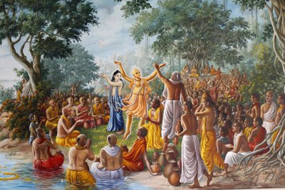 Schilderij in Bhaktivedanta Manor dat Heer Caitanya, Heer Nityananda en hun volgelingen aan de oevers van de rivier de Ganges uitbeeldt door Unbekannt