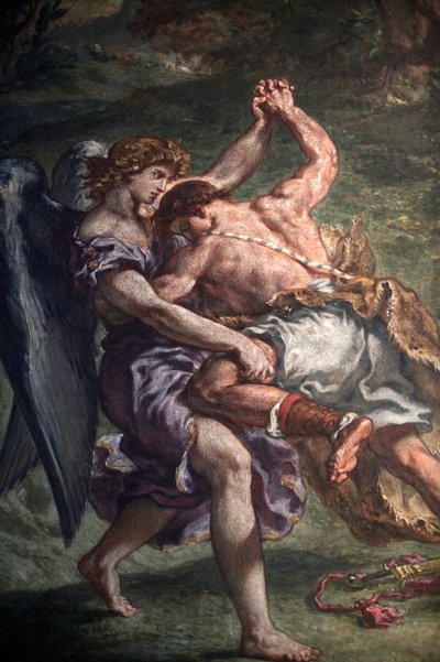 Schilderij door Eugene Delacroix in de Saint Sulpice basiliek, Parijs: Jacob vecht met de engel, Parijs, Frankrijk door Unbekannt