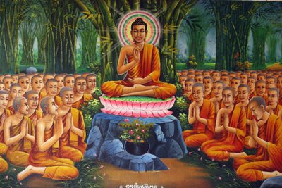 Schilderij dat Boeddha afbeeldt die lesgeeft aan monniken Udong Cambodja door Unbekannt