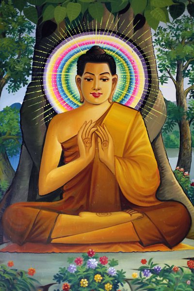 Schilderij dat een zittende Boeddha afbeeldt in Wat Than Phnom Penh Cambodja door Unbekannt