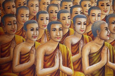 Schilderij dat monniken afbeeldt (luisterend naar Boeddha) Udong Cambodja door Unbekannt