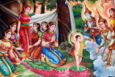 Schilderij dat het levensverhaal van Shakyamuni Boeddha uitbeeldt. Geboorte van Boeddha in het Lumbini-bos. Kep, Cambodja. door Unbekannt